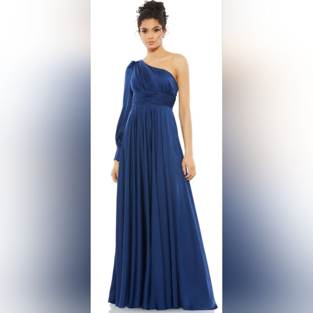 Mac Duggal 67866 One Shoulder Bishop Sleeve Flowy Gown NWT Size 8 Midnight Blue